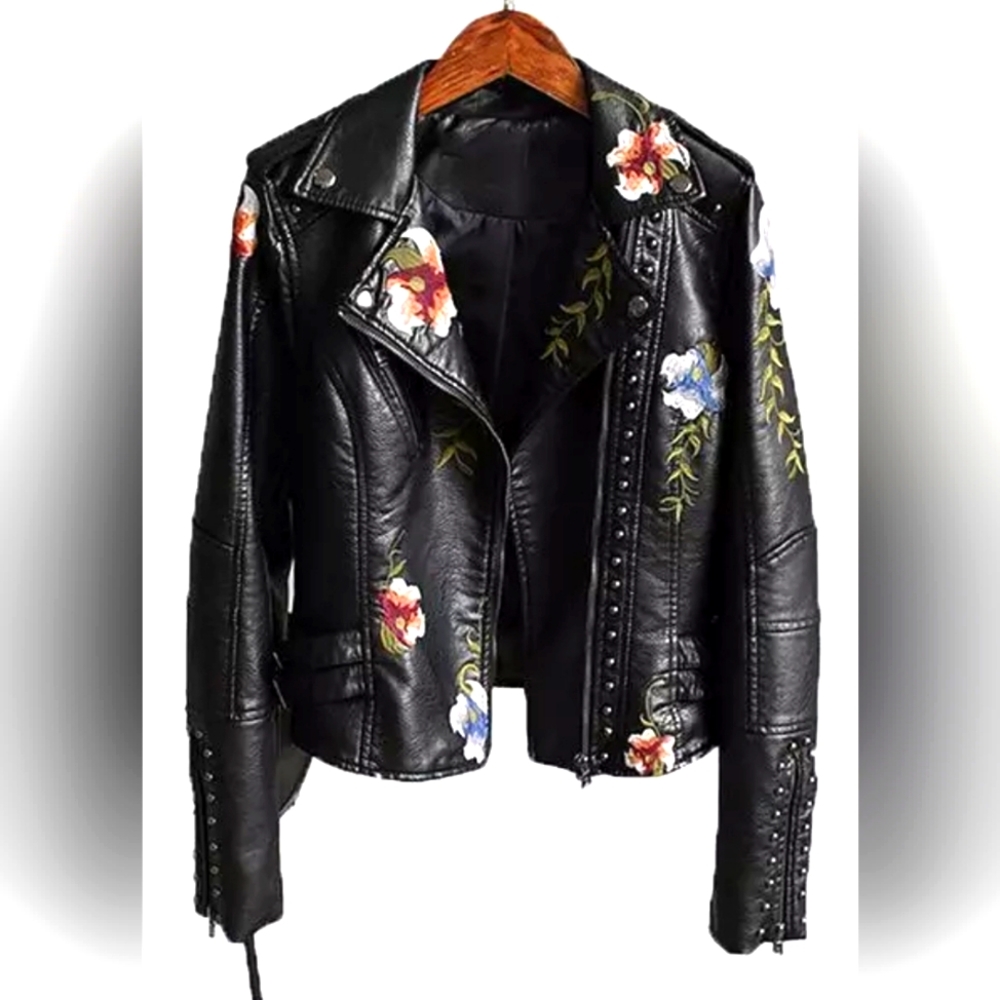 Faux Black and floral embroidered soft leather biker jacket with studs